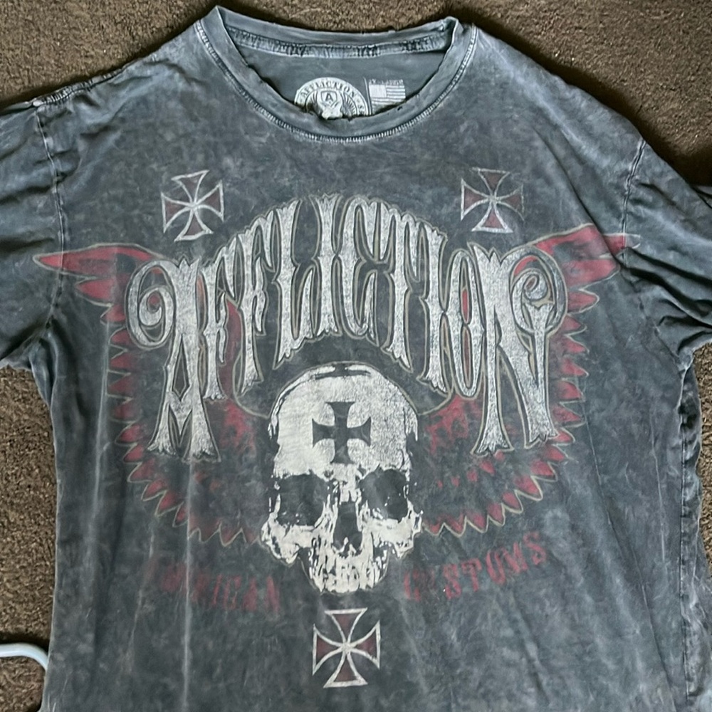 Affliction Shirt Men Medium Blue Tee American Customs Faded Skull Cross Bone 2XL